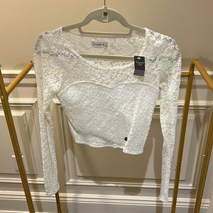 White Lace Cropped Long Sleeve Top